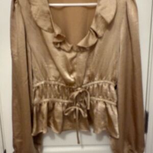 Steve Madden Gold Satin Blouse with Ruffle Detail